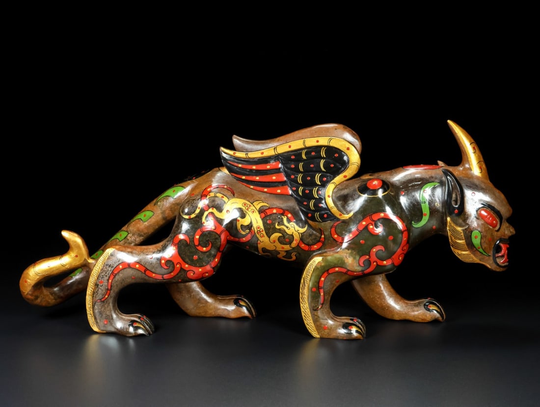 An Exquisite White Jade Painted Color Auspicious Animal Ornament: An Exquisite White Jade Painted Color Auspicious Animal Ornament,Han Dynasty,China,Size:14.6inx3.1inx6.3in,Weight:2665g,白玉彩绘瑞兽摆件,中国