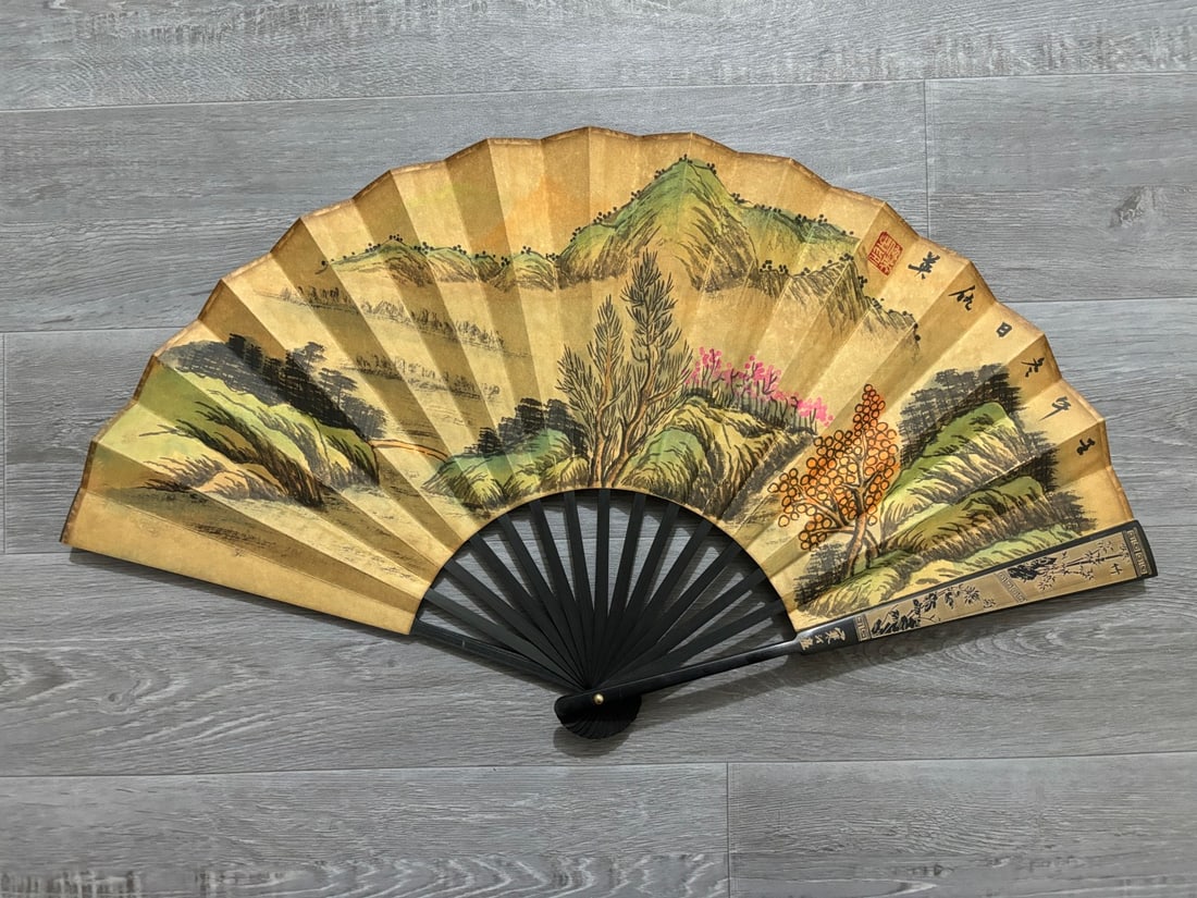A Chinese Ink Painting Fan with Landscape Motif: A Chinese Ink Painting Fan with Landscape Motif,Qiu ying,Size:23.6inx13in,一把中国水墨山水画扇子,仇英