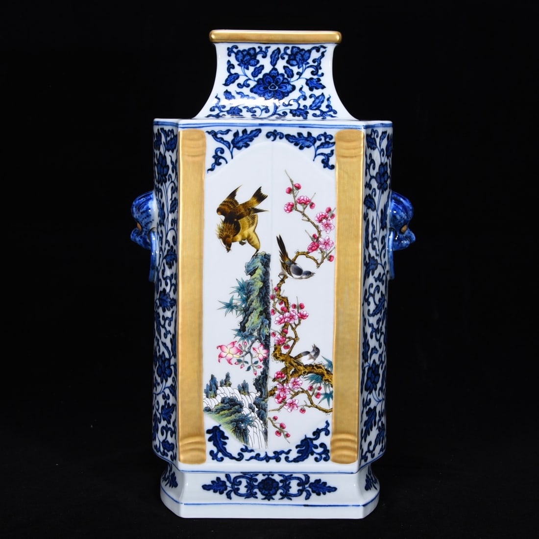 An Exquisite Blue and White Famille-Rose Painted Gold Flower and Bird Pattern Beast-Ears Vase: An Exquisite Blue and White Famille-Rose Painted Gold Flower and Bird Pattern Beast-Ears Vase,Qing Dynasty,China,with Qianlong Six-character Mark,Size:12.6inx5.9in,青花粉彩