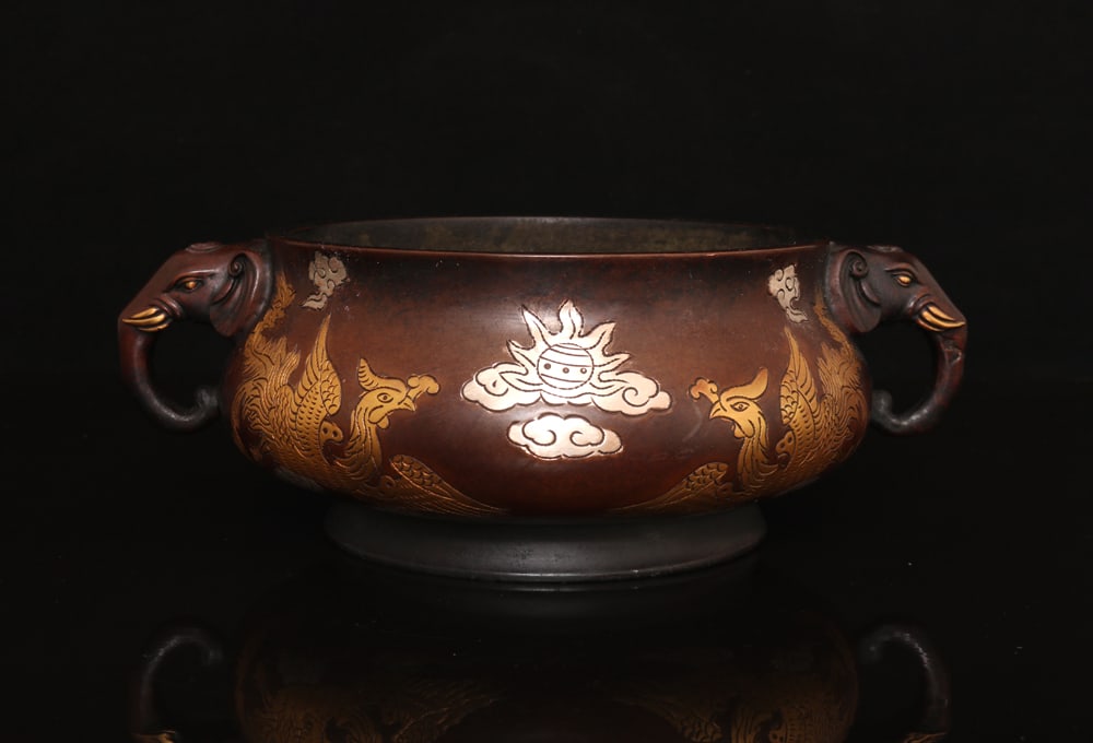 An Exquisite Silver-Gilt Bronze Phoenix Pattern Elephant-Ears Censer: An Exquisite Silver-Gilt Bronze Phoenix Pattern Elephant-Ears Censer,Ming Dynasty,China,With