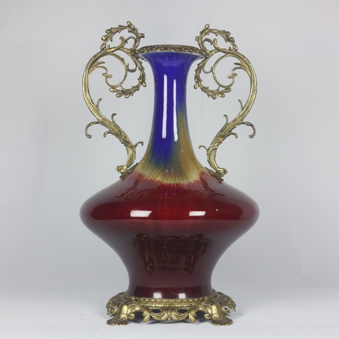 An Exquisite Flambe Glazed Inlaid Bronze Double-Ears Vase: An Exquisite Flambe Glazed Inlaid Bronze Double-Ears VaseQing Dynasty,China,Qianlong Six-character