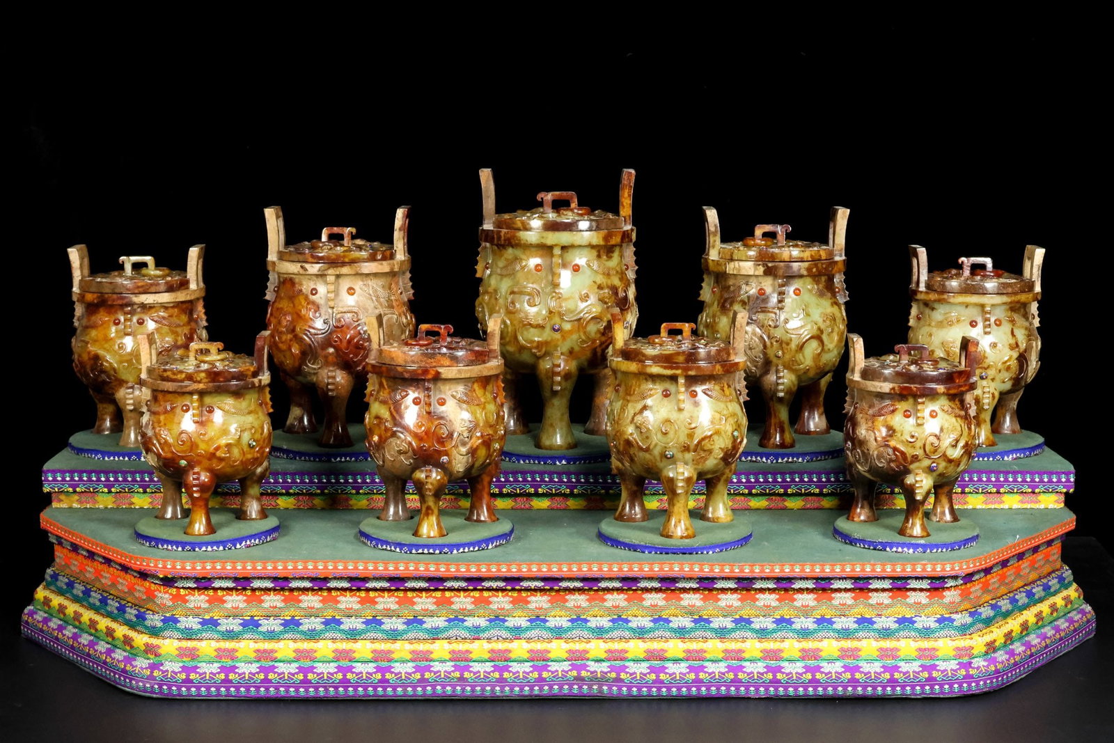 A Set of Fine White Jade Auspicious Animal Pattern with Cover Double-Ears Tripod Censer,Inlaid Gems: A Set of Fine White Jade Auspicious Animal Pattern with Cover Double-Ears Tripod Censer,Inlaid Gems,Han