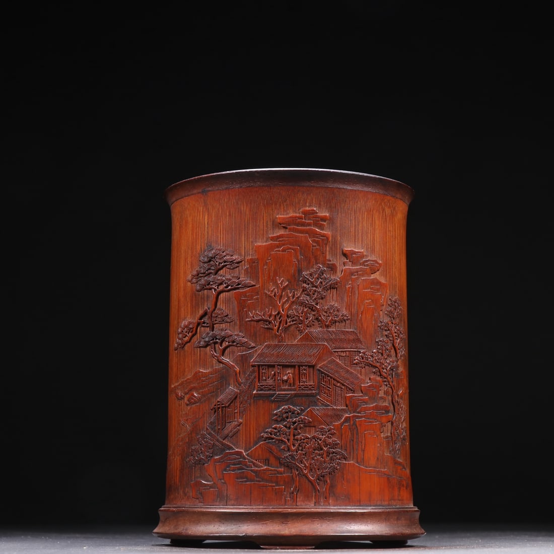 An Exquisite Bamboo Landscape and Figure Pattern Brush Pot,with poem: An Exquisite Bamboo Landscape and Figure Pattern Brush Pot,with poem,Qing Dynasty,China,With Mark,Size:6.2inx4.5in,竹雕山水人物纹笔筒,带#
