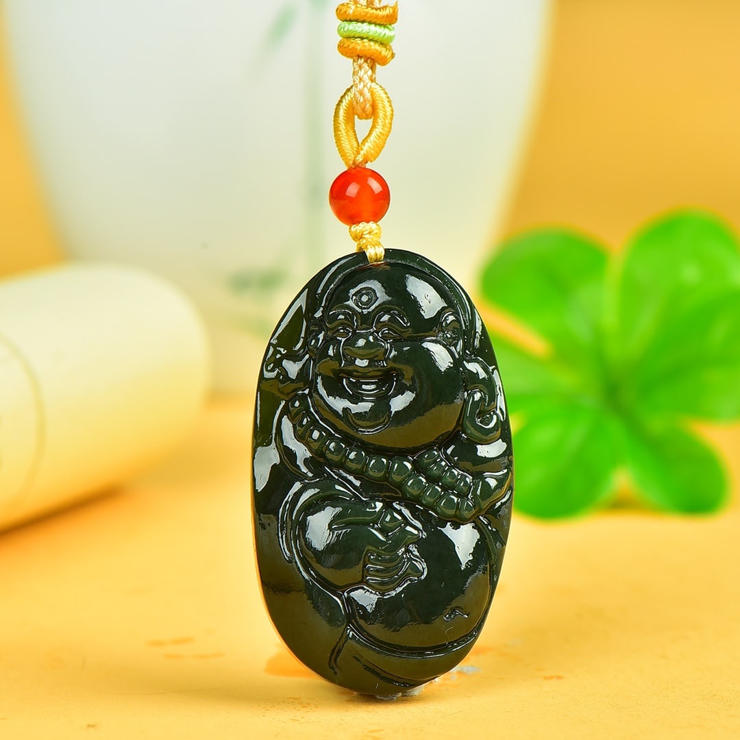 An Exquisite Sapphire Maitreya Buddha Pattern Pendant: An Exquisite Sapphire Maitreya Buddha Pattern Pendant,Size:27mmx46mm 寓意:吉祥 招财 笑口常开