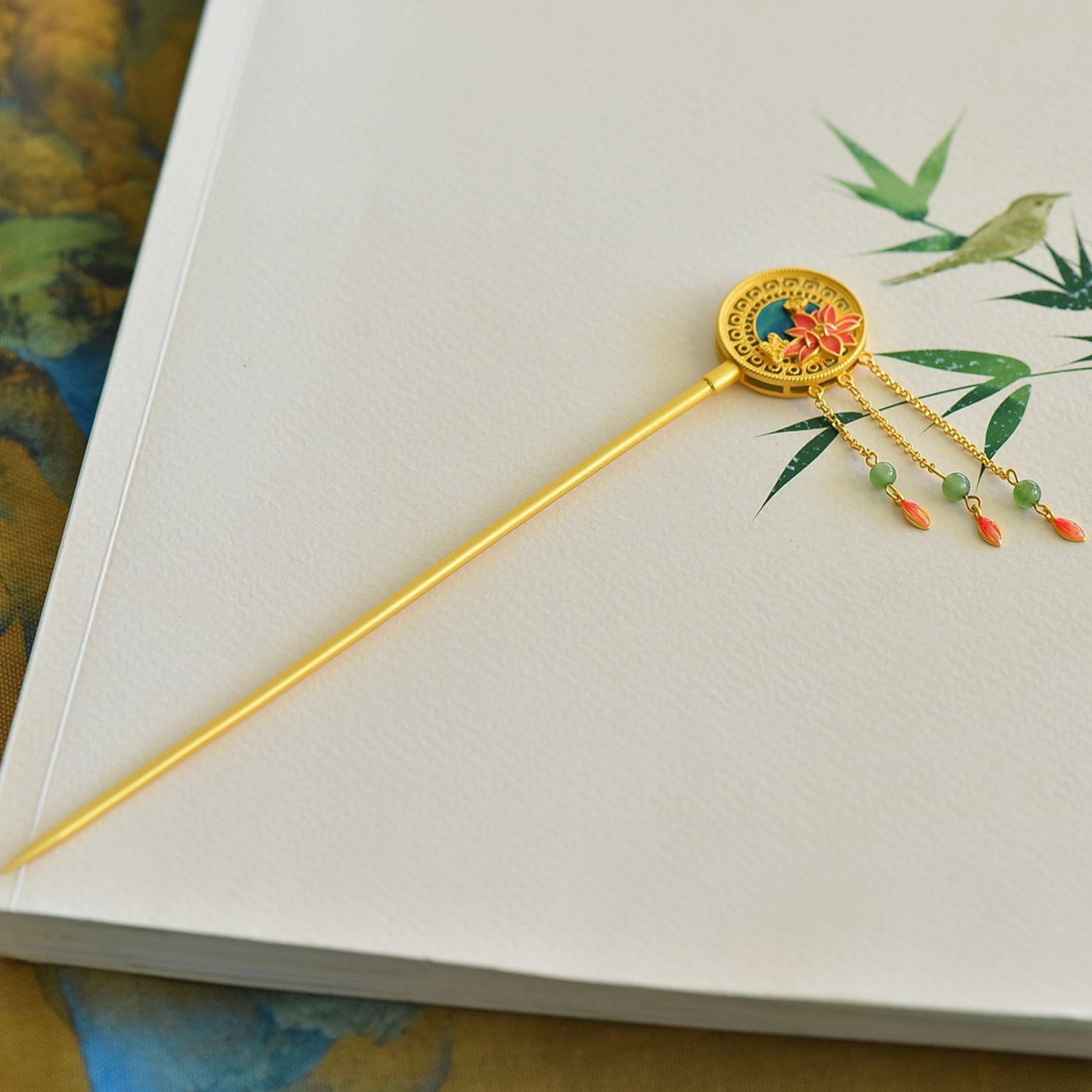 An Exquisite Sterling Silver-Gold Plated Inlaid White Jade Hairpin: An Exquisite Sterling Silver-Gold Plated Inlaid White Jade Hairpin 纯银镀金镶白玉发簪