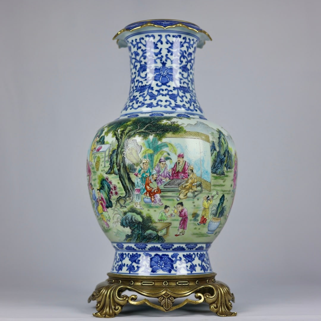 A Huge Blue and White Famille-Rose Painted Gold Inlaid Bronze Character and Story Pattern Vase: A Huge Blue and White Famille-Rose Painted Gold Inlaid Bronze Character and Story Pattern Vase,Qing Dynasty,China,Qianlong Six-character Mark,Size:17.1inx8.3inx8.7in青花粉彩