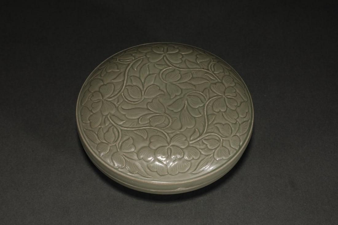 An Exquisite Yue yao Celadon Flower Pattern Box: An Exquisite Yue yao Celadon Flower Pattern Box Tang Dynasty, China Size:2inx5.7in越窑秘色青磁高浮雕花卉纹盒