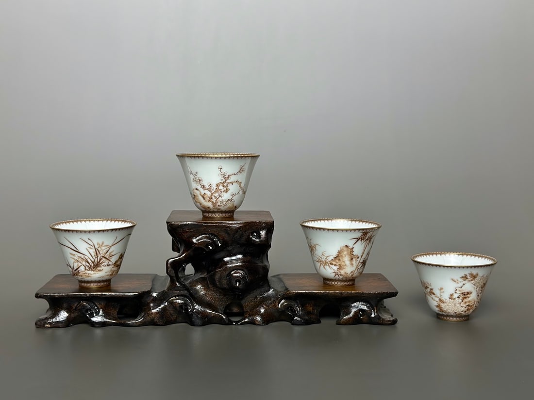 A Set of Fine Ink Color Plum Blossom,Orchid Bamboo and Chrysanthemum Pattern Cups: A Set of Fine Ink Color Plum Blossom,Orchid Bamboo and Chrysanthemum Pattern Cups,Qing Dynasty,China,Yongzheng Four-character