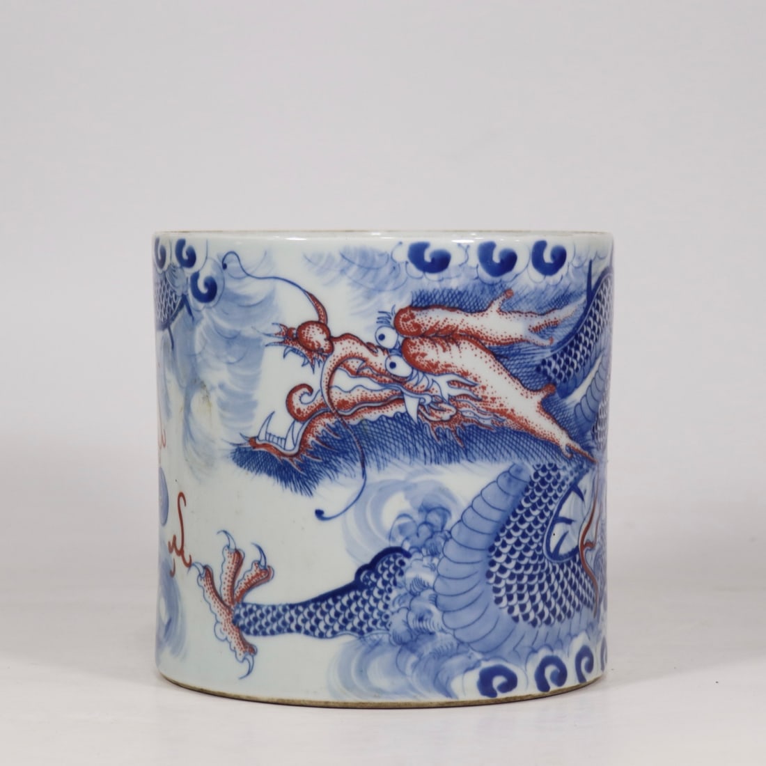An Exquisite Blue and White Underglaze-Red Dragon Pattern Brush Pot: An Exquisite Blue and White Underglaze-Red Dragon Pattern Brush Pot,Qing Dynasty,China,Kangxi Six-character