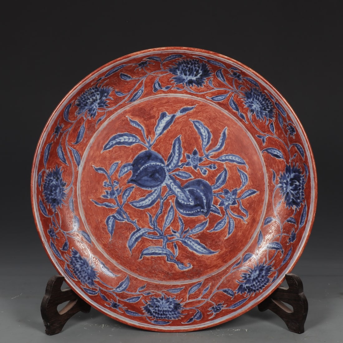 A Rare Red Ground Blue and White Flower and Fruit Pattern Plate: A Rare Red Ground Blue and White Flower and Fruit Pattern Plate,Ming Dynasty,