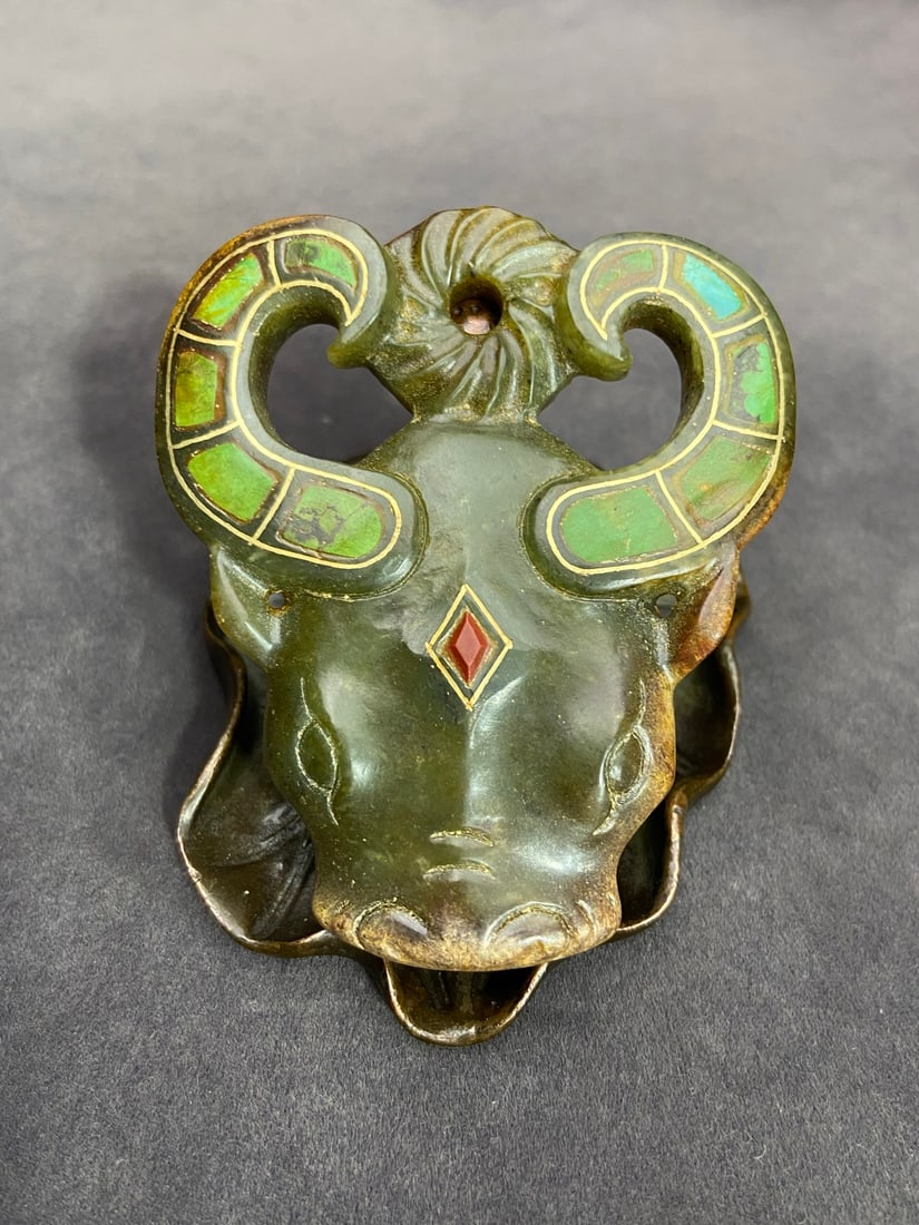 An Exquisite Greenish Jade Buffalo-head Ornament,Inlaid Gems (1 of 9)