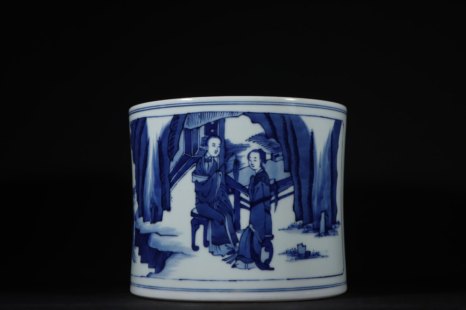An Exquisite Blue and White Character and Story Pattern Brush Pot: An Exquisite Blue and White Character and Story Pattern Brush Pot Qing Dynasty, China Kangxi Six-character Mark Size:6.3inx7.6in青花人物笔筒 中国清