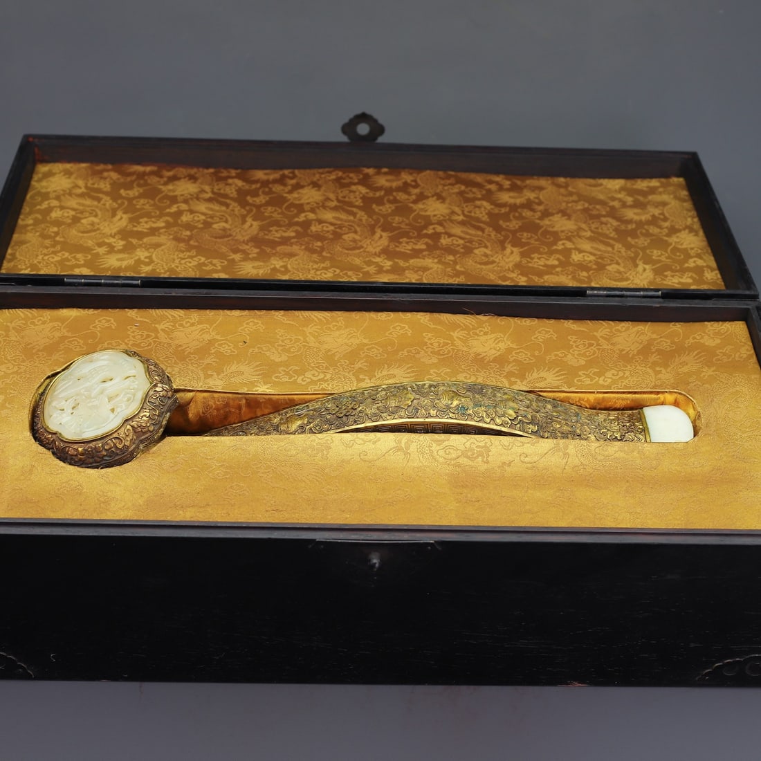 A Huge Gilt Bronze Inlaid White Jade Eight Treasures Pattern Ruyi (1 of 10)