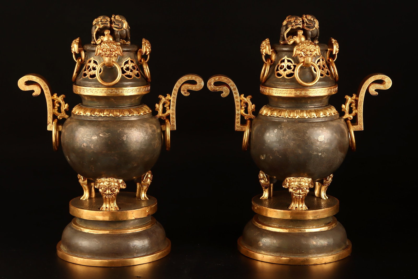 A Pair of Rare Gilt Bronze Double-Ears and Tripod Censers,With Base,With Lion Cover: A Pair of Rare Gilt Bronze Double-Ears and Tripod Censers,With Base,With Lion Cover,Qing Dynasty,China,Qianlong Four-character Mark,Size:12.8inx9.4inx5.1in,Total