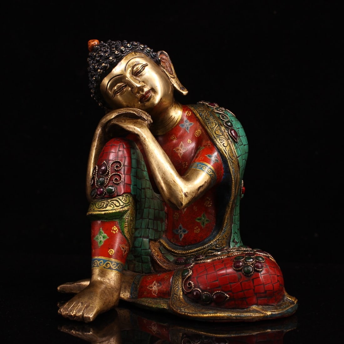 A Solemn Gilt Bronze Inlaid Gems Painted Color Buddha Statue,Inlaid Turquoise: A Solemn Gilt Bronze Inlaid Gems Painted Color Buddha Statue,Inlaid Turquoise,Qing Dynasty, China,Size:9.3inx7.7in,Weight:6166g铜鎏金镶宝石彩绘佛&