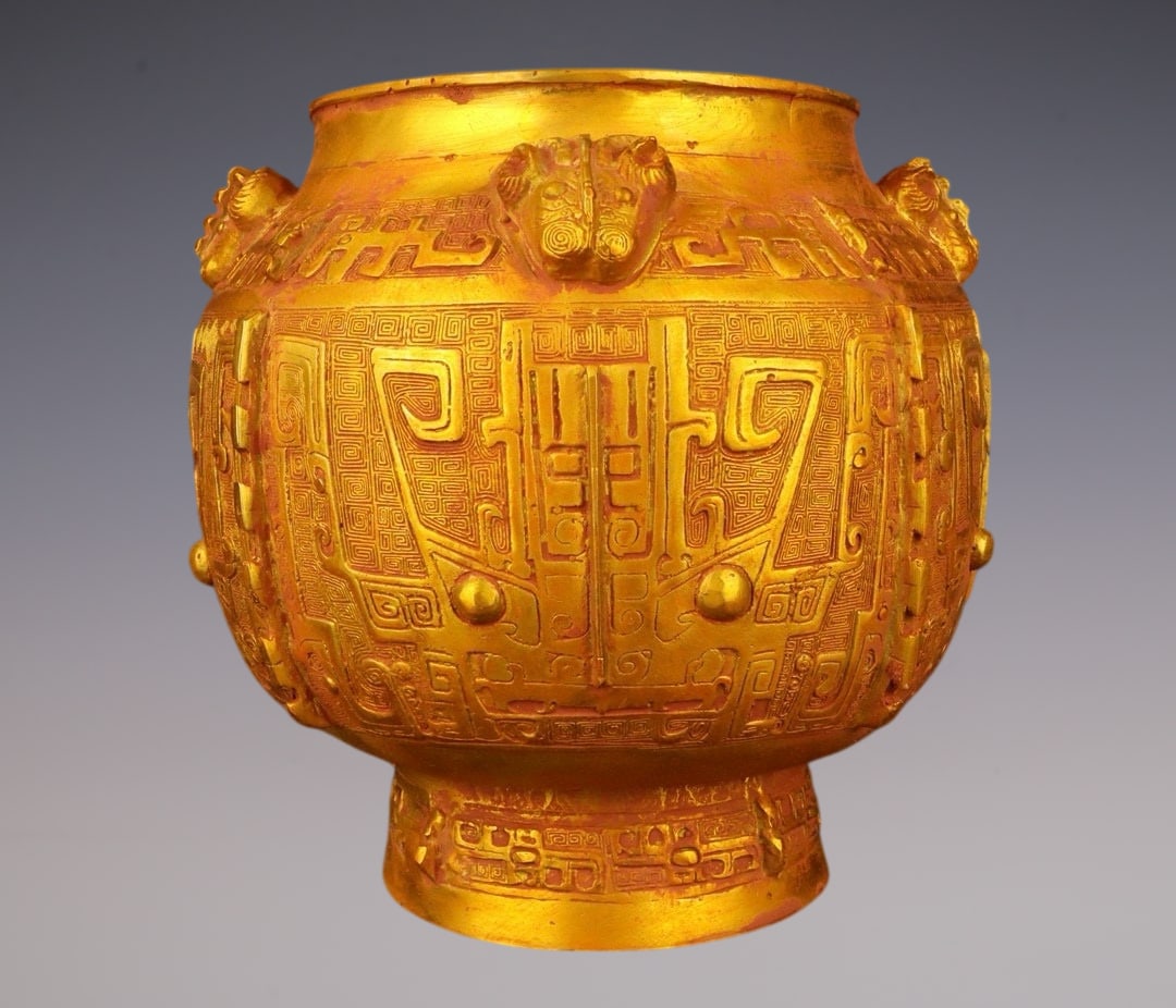 An Exquisite Gilt Bronze Beast-Face Pattern Beast-Ears Jar: An Exquisite Gilt Bronze Beast-Face Pattern Beast-Ears Jar,W.Zhou