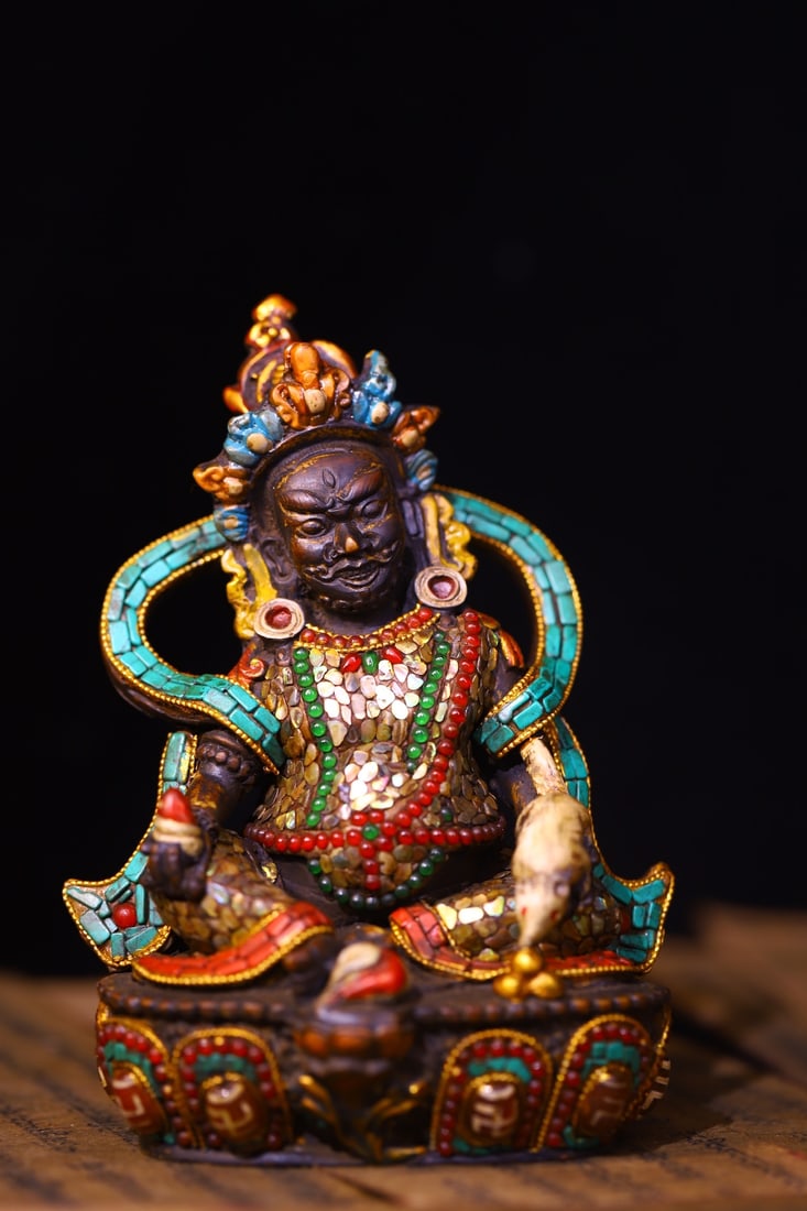A Solemn Bone Inlaid Gems with Dzi Bead Statue of Mammon (1 of 9)