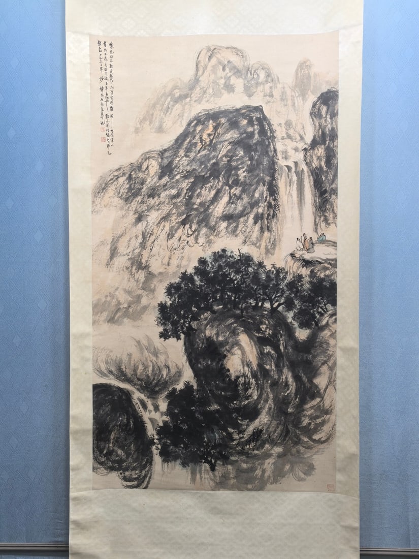 A Chinese Vertical Scroll Ink Painting of Landscape and Figure on Paper,Fu Baoshi: A Chinese Vertical Scroll Ink Painting of Landscape and Figure on Paper,Fu BaoshiSize:(Without frame)37.6inx69.7in一幅中国水墨山水人物ஹ