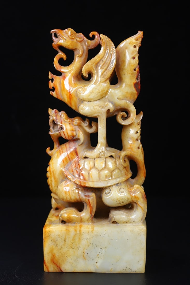 An Exquisite White Jade Dragon Turtle Phoenix-Shaped Seal (1 of 10)