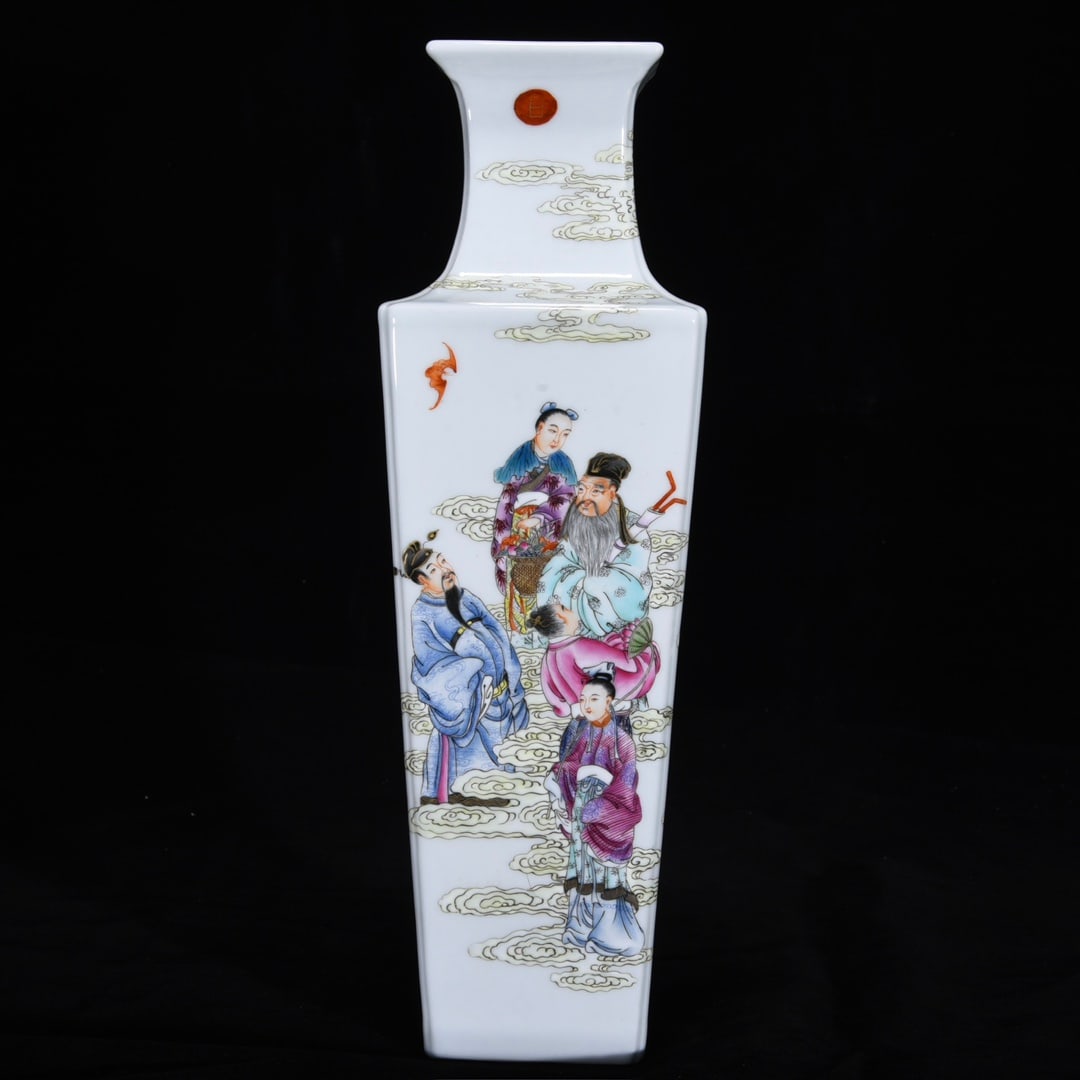 An Exquisite Famille-Rose Character and Story Pattern Vase: An Exquisite Famille-Rose Character and Story Pattern Vase Qing Dynasty, China Qianlong Six-character Mark Size:13.8inx4.3in粉彩群仙祝寿方口瓶 