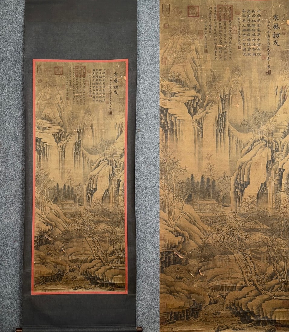 A Chinese Vertical Scroll Ink Painting of Landscape on Silk,Wang Xizhi: A Chinese Vertical Scroll Ink Painting of Landscape on Silk,Wang Xizhi,Size:26.4inx67.7in一幅中国水墨绢本山水画立轴,஍