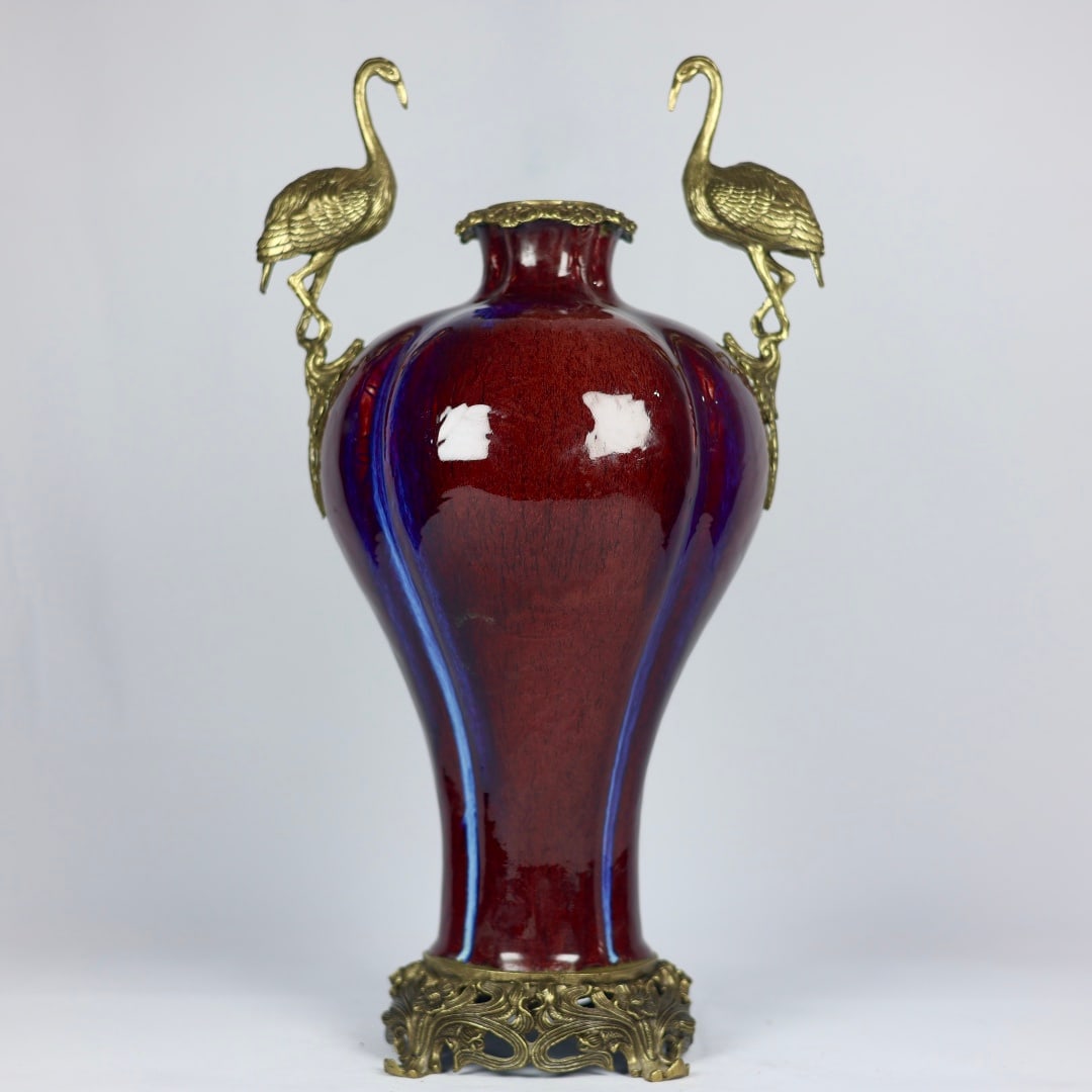 A Huge Flambe Glazed Inlaid Bronze Crane-Ears Vase (1 of 9)