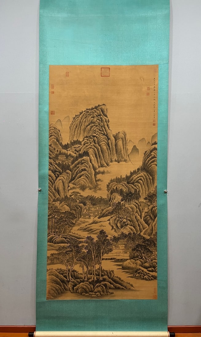 A Chinese Vertical Scroll Ink Painting of Landscape on Silk,Huang Gongwang: A Chinese Vertical Scroll Ink Painting of Landscape on Silk,Huang Gongwang,Size:(Without frame)79.1inx37in一幅中国水墨绢本山水画ే