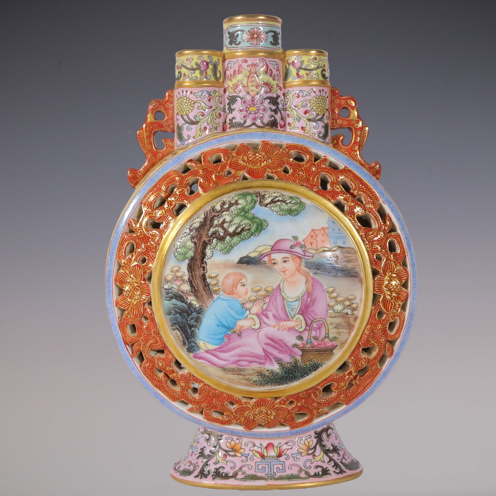 An Exquisite Enamel Character and Story Pattern Double-Ears Vase: An Exquisite Enamel Character and Story Pattern Double-Ears Vase Qing Dynasty, China Qianlong Four-character Mark Size:8.3inx5.4in珐琅彩黄地缠枝莲ঀ