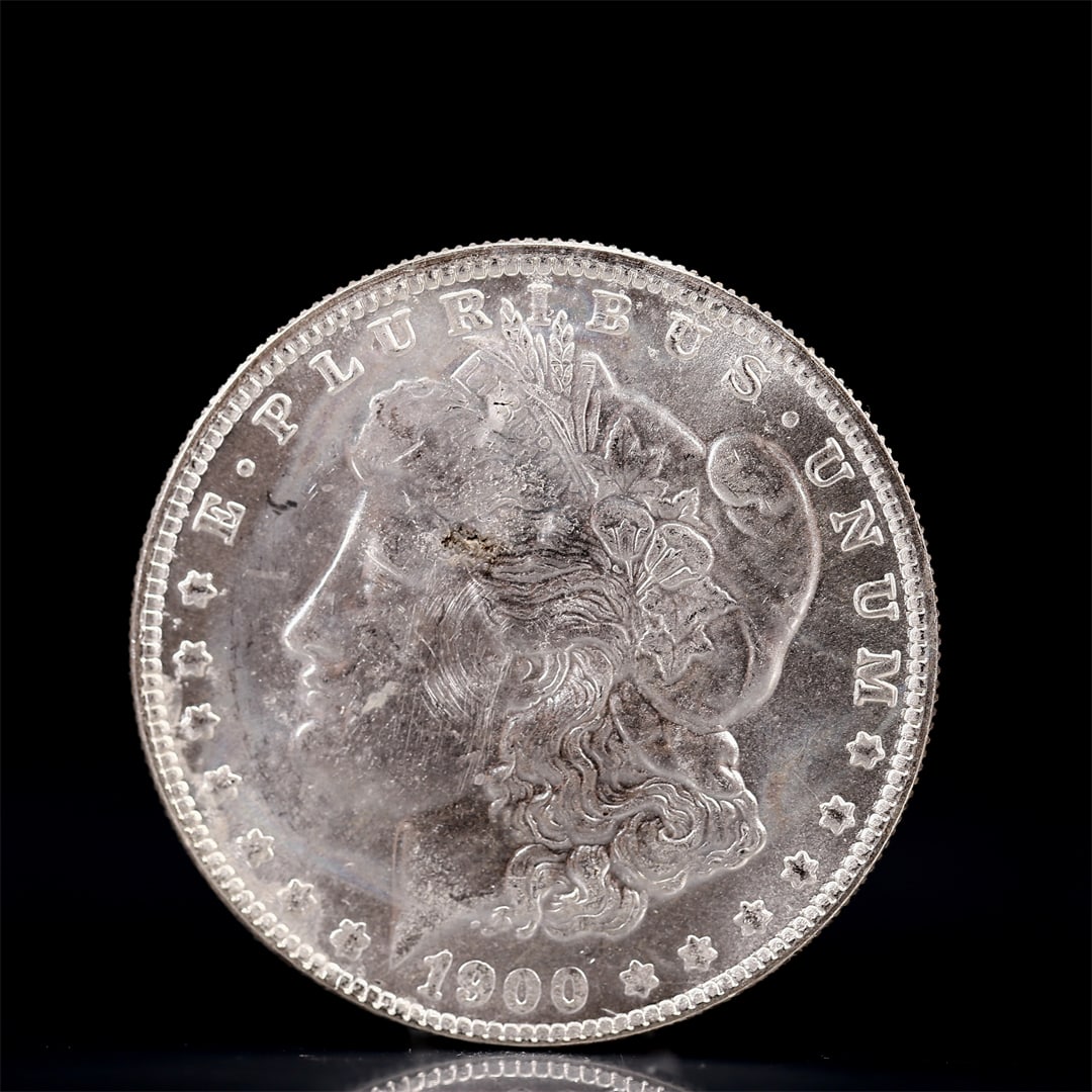 USA Morgan Dollar 1900 Coin: Obv: profile bust with date below and E PLURIBUS UNUM legend and stars around. Rev: eagle with In God we trust above within wreath with UNITED STATES OF AMERICA ONE DOLLAR legend. IN GOD WE TRUST /