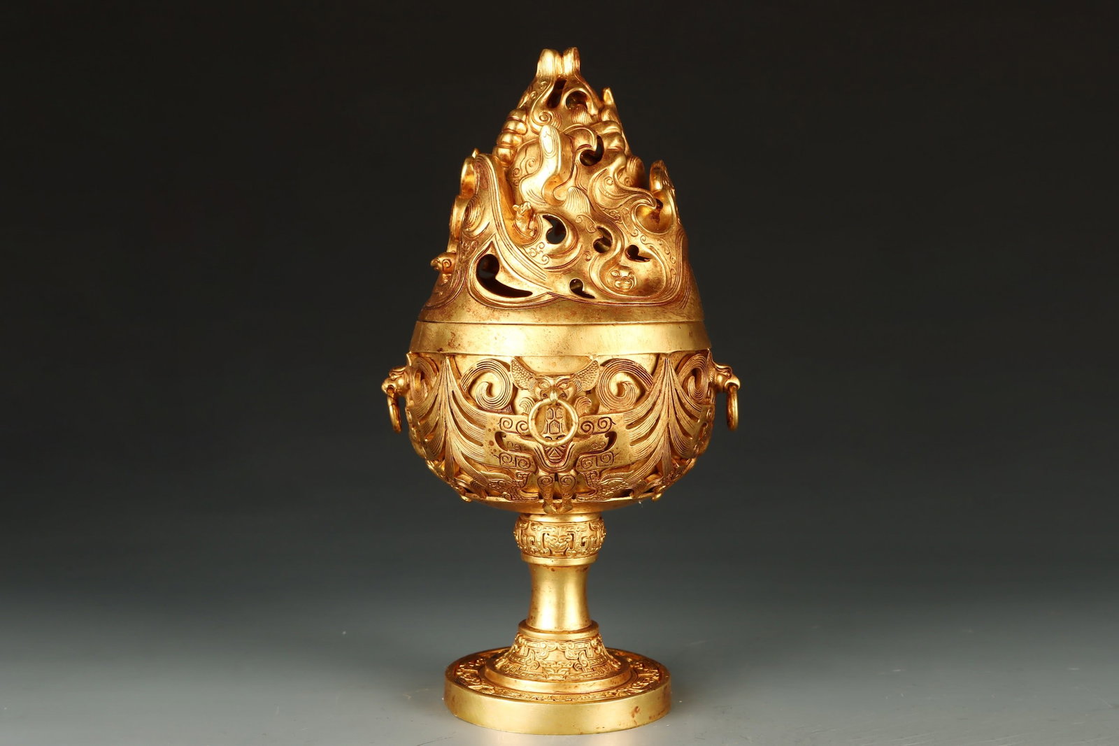 An Exquisite Gilt Bronze Hollow Beast-Face Pattern Censer: An Exquisite Gilt Bronze Hollow Beast-Face Pattern Censer,Qing
