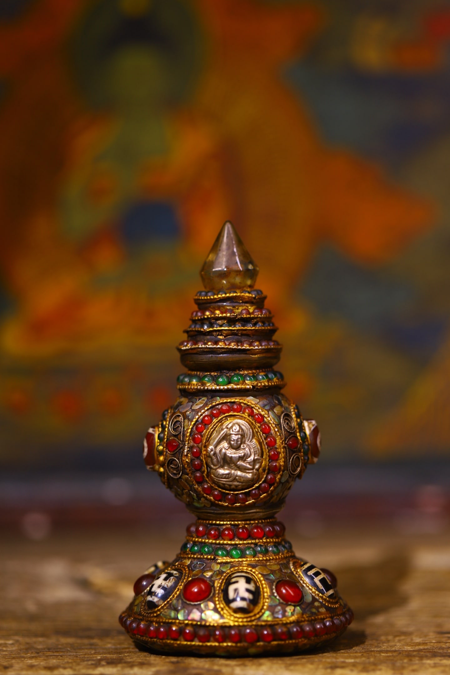 An Exquisite Crystal Inlaid Dzi Bead with Gems Pagoda: An Exquisite Crystal Inlaid Dzi Bead with Gems Pagoda,Qing