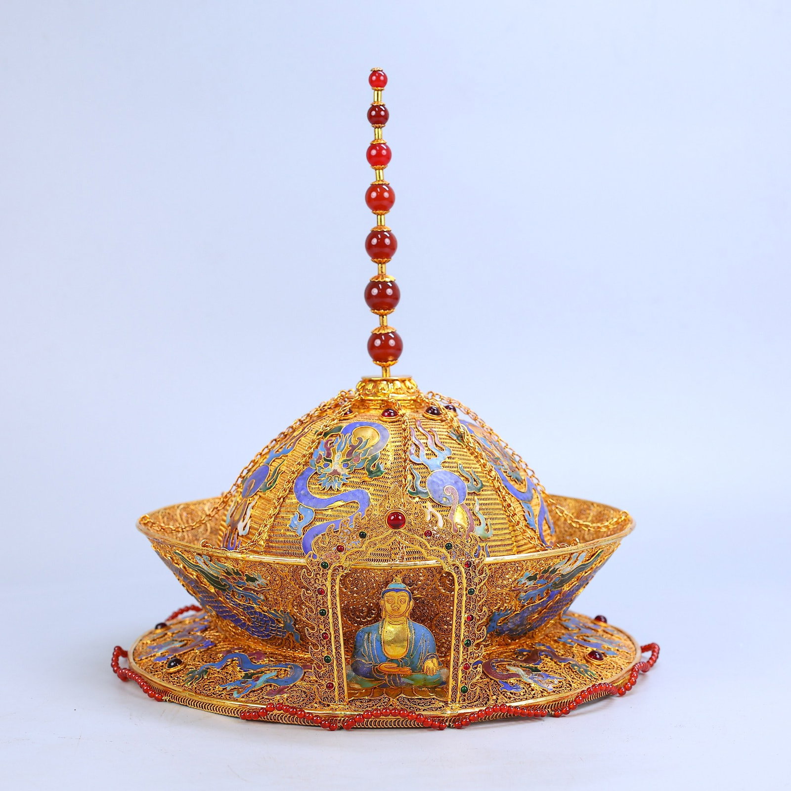 A Rare Filigree and Gilding Inlaid Gems Dragon Pattern Headdress: A Rare Filigree and Gilding Inlaid Gems Dragon Pattern Headdress,Qing Dynasty,China,Qianlong Four-character Mark,Size:13inx10.6in,Weight:1358g花丝鎏金镶宝石&#