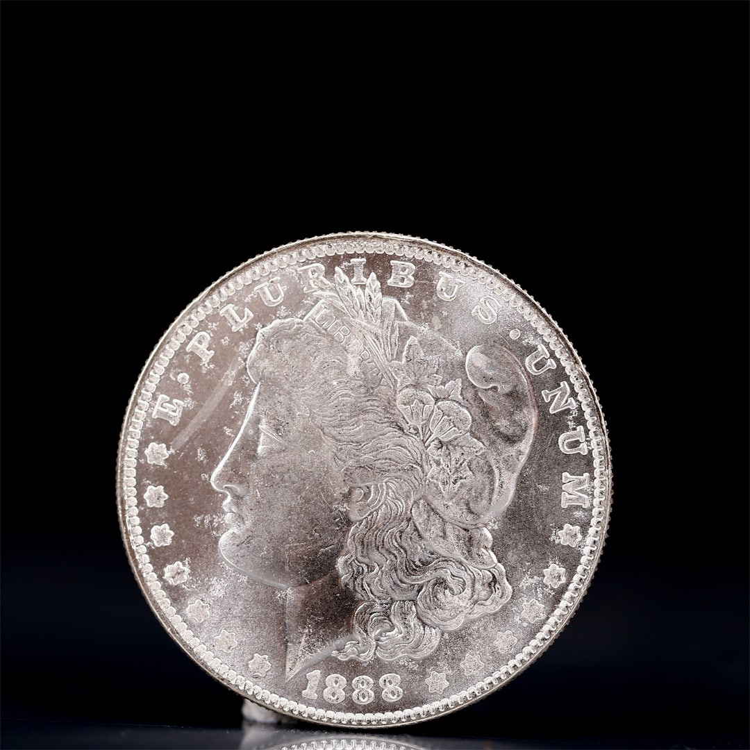 USA Morgan Dollar 1888 Coin: Obv: profile bust with date below and E PLURIBUS UNUM legend and stars around. Rev: eagle with In God we trust above within wreath with UNITED STATES OF AMERICA ONE DOLLAR legend. IN GOD WE TRUST / LI