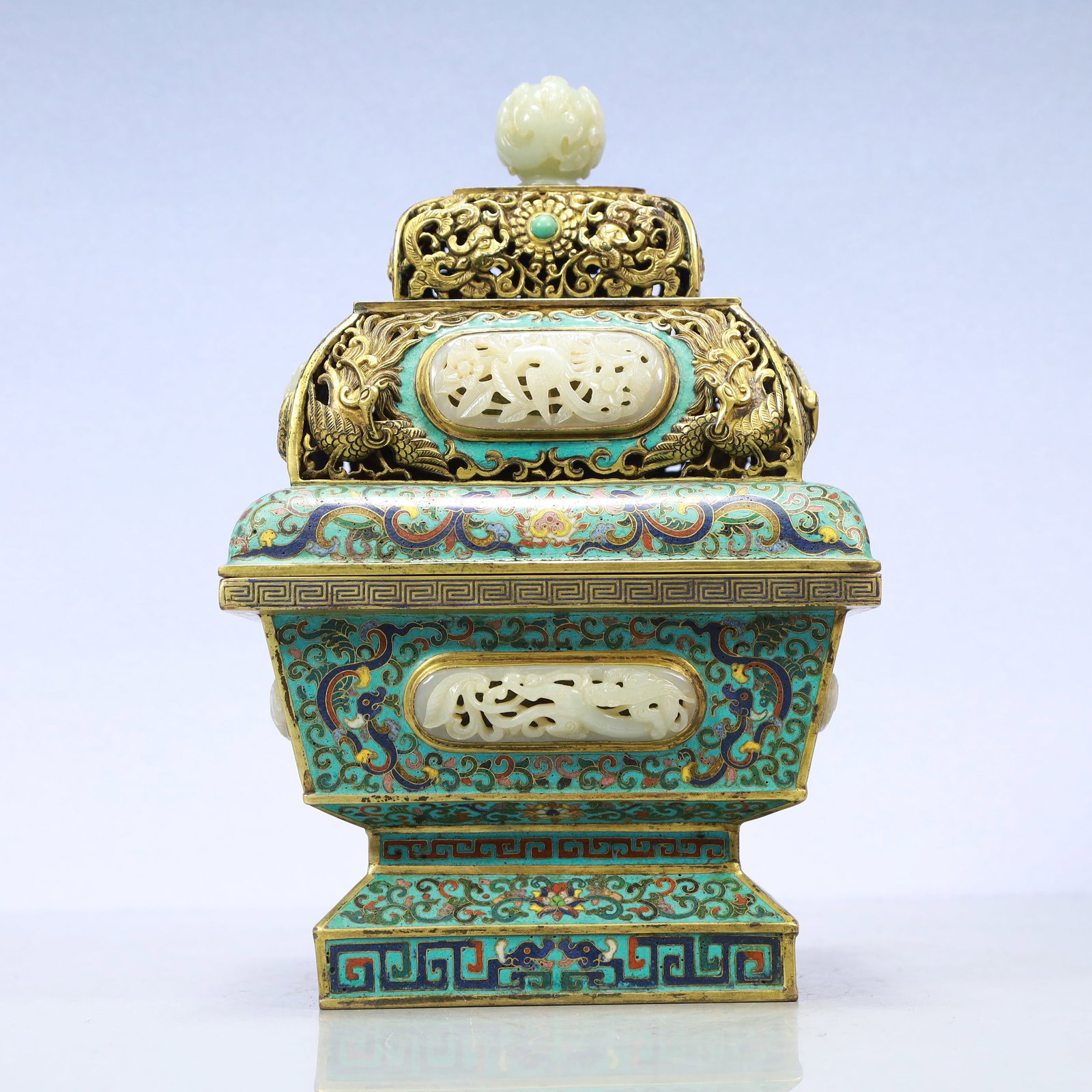 A Exquisite Cloisonne Inlaid White Jade Lotus Pattern Dragon and Phoenix Pattern Double-Ears Vase: A Exquisite Cloisonne Inlaid White Jade Lotus Pattern Dragon and Phoenix Pattern Double-Ears Vase Qing Dynasty, China Qianlong Four-character Mark Size:7.5inx11.8in Weight:3550g景泰蓝