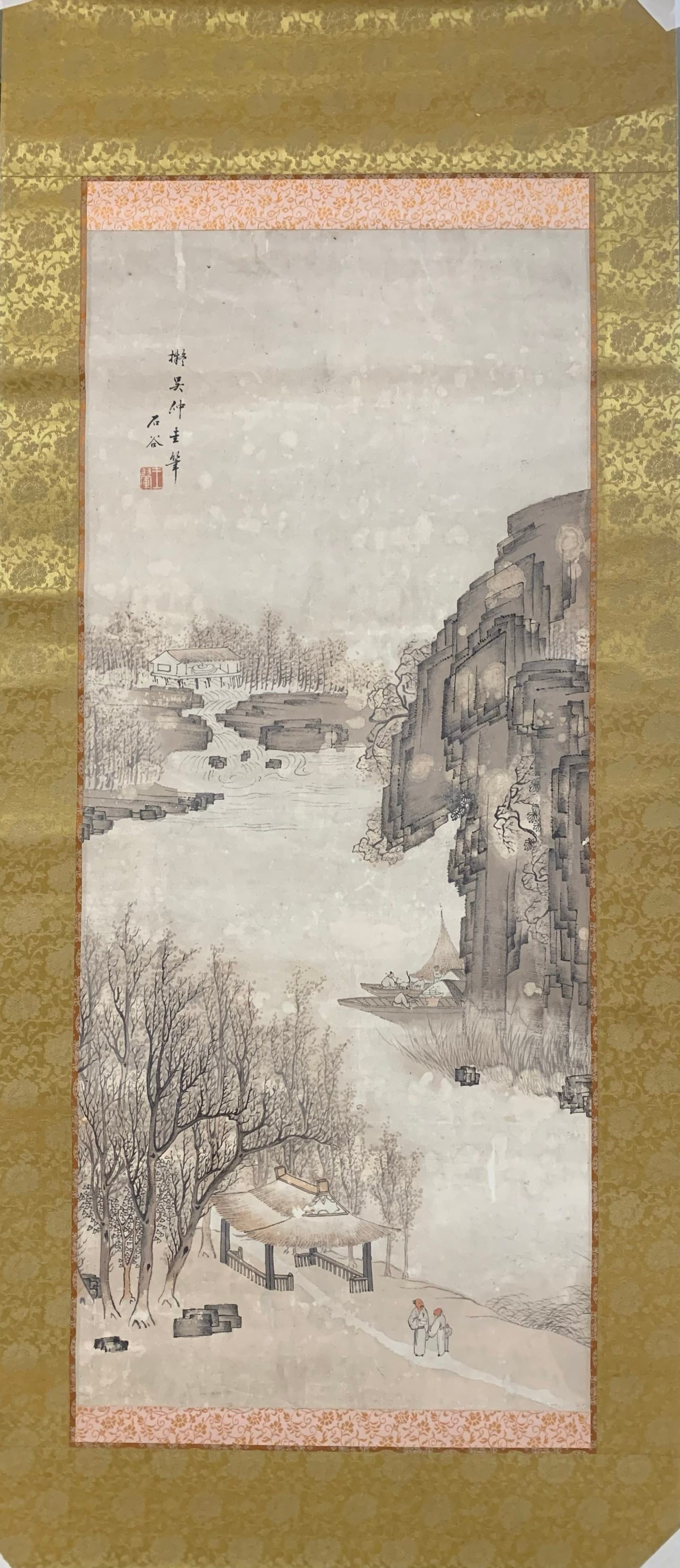 A Chinese Ink Painting of Landscape and Figure on Paper,Wang Hui: A Chinese Ink Painting of Landscape and Figure on Paper,Wang Hui,Size:36.6inx15.7in一幅中国水墨山水人物画,王翬,Size:93cmx4