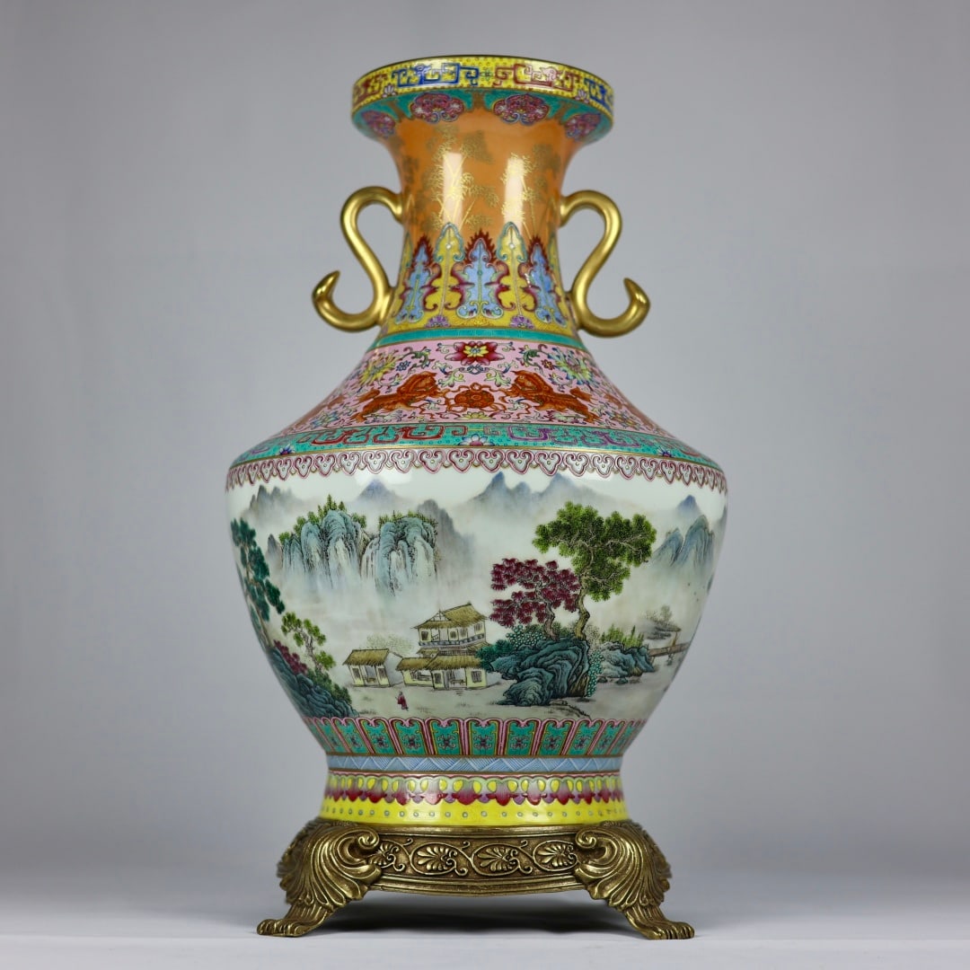 A Huge Famille-Rose Painted Gold Inlaid Bronze Landscape and Figure Pattern Double-Ears Vase: A Huge Famille-Rose Painted Gold Inlaid Bronze Landscape and Figure Pattern Double-Ears Vase,Qing Dynasty,China,Qianlong Six-character Mark,Size:18.9inx10.6inx8.7in粉彩描金&