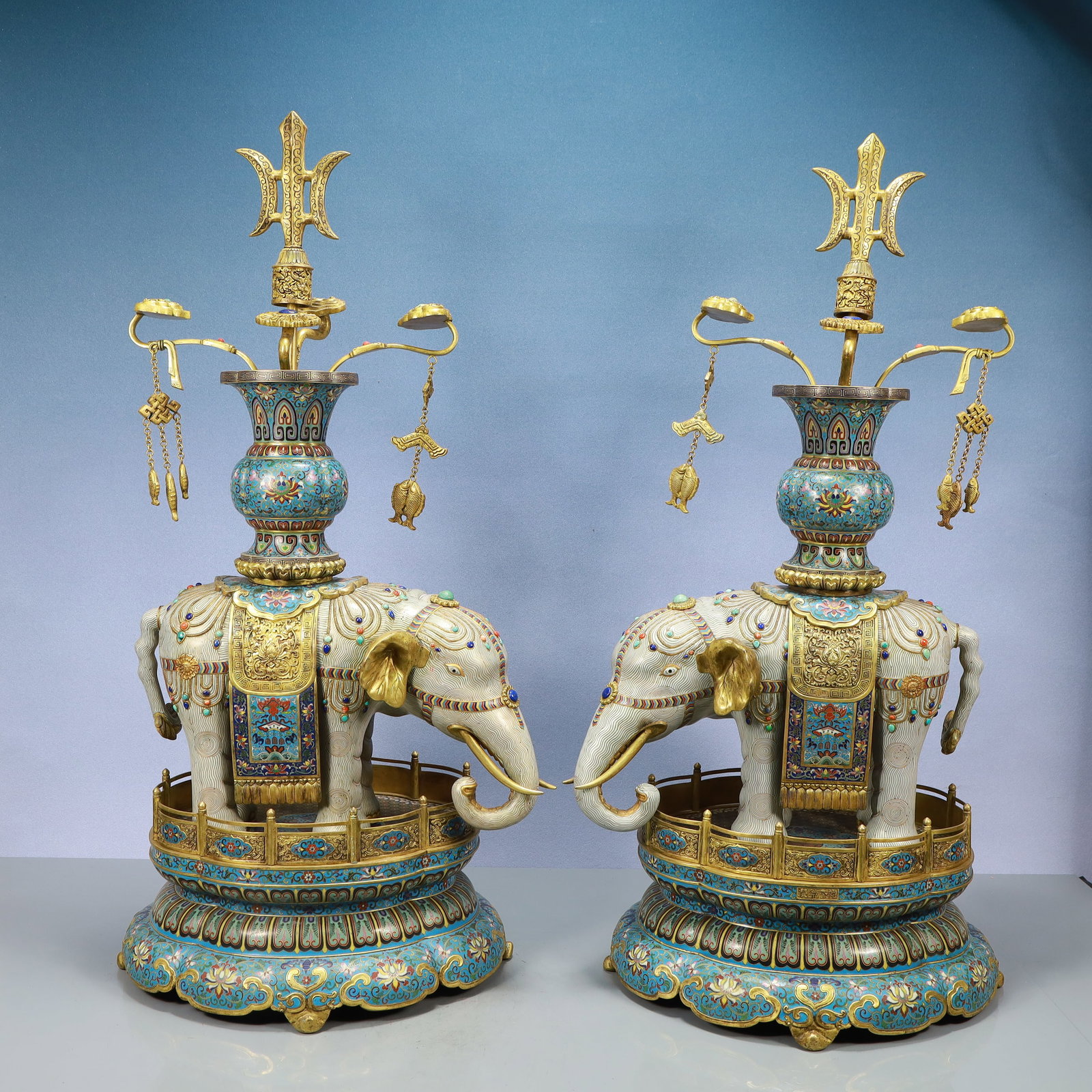 A Exquisite A pair of Cloisonne Lotus Pattern Bats and Peach Pattern Elephant Ornament: A Exquisite A pair of Cloisonne Lotus Pattern Bats and Peach Pattern Elephant Ornament Qing Dynasty, China Qianlong Four-character Mark Size:16.9inx13.4inx32.3in