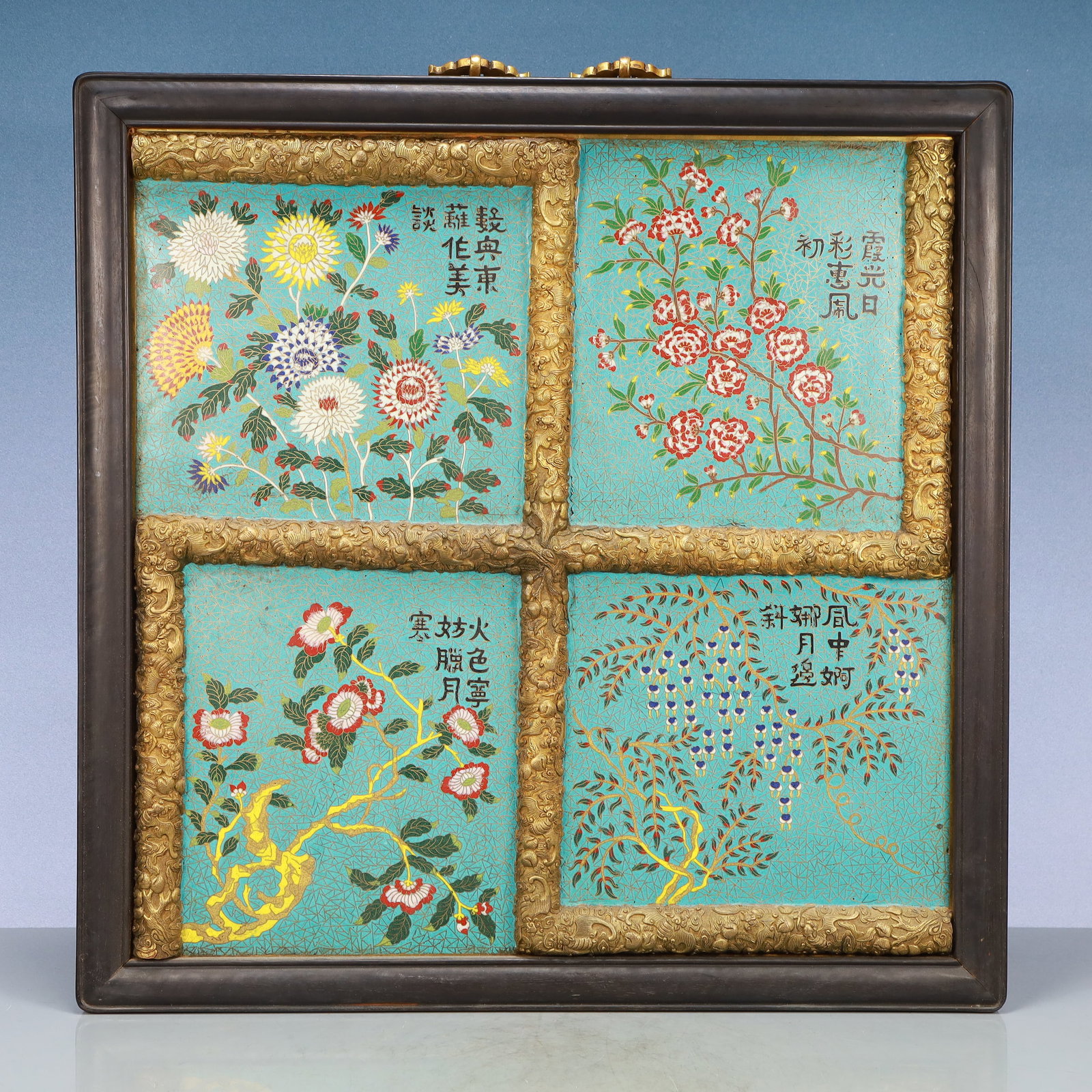 A Exquisite Cloisonne Flower Pattern Hanging Panel: A Exquisite Cloisonne Flower Pattern Hanging Panel Qing Dynasty, China Size::24inx1.2in Weight:950g景泰蓝花卉纹挂屏 中国清代 Siz