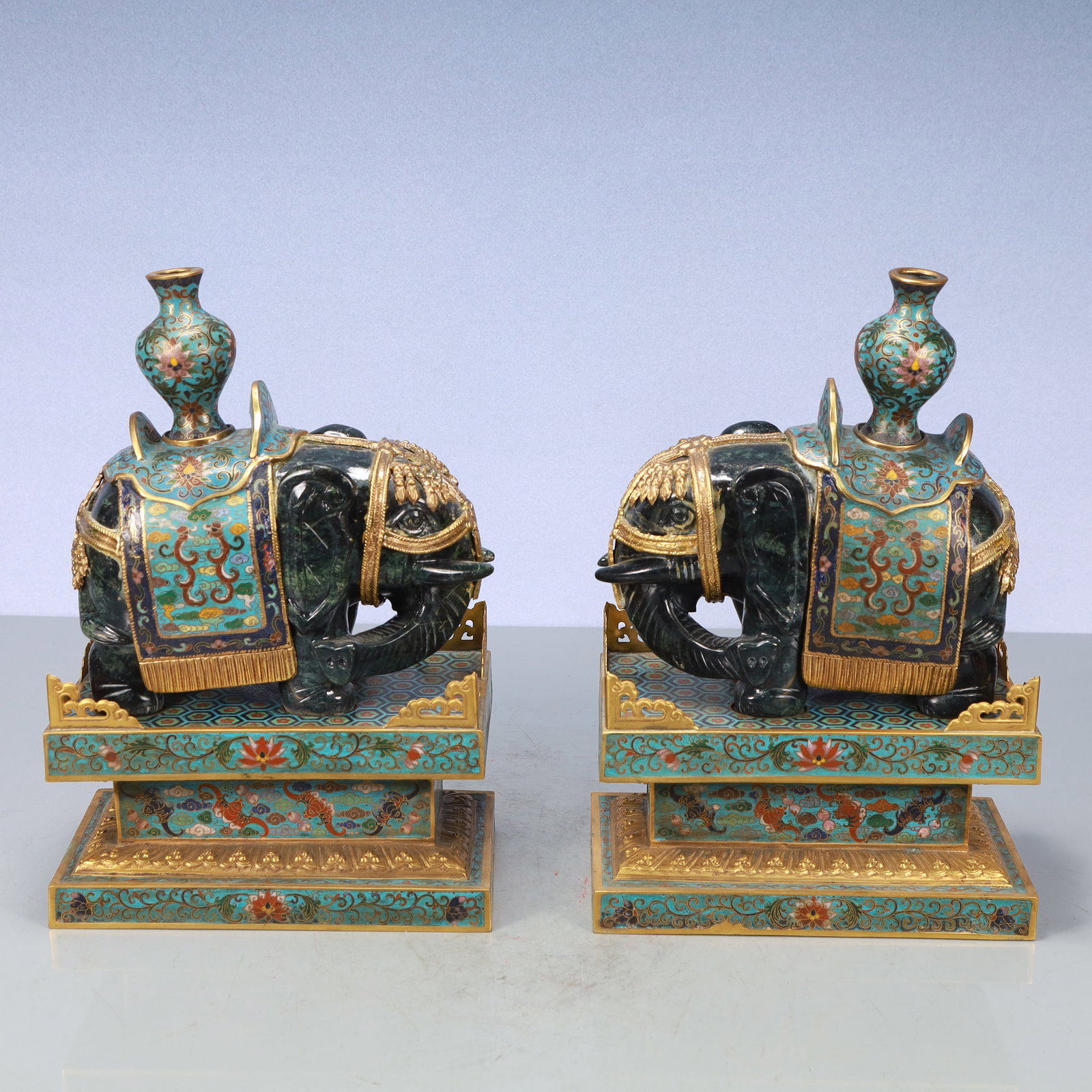 A Exquisite A pair of Cloisonne Lotus Pattern Elephant Ornament: A Exquisite A pair of Cloisonne Lotus Pattern Elephant Ornament Qing Dynasty, China Qianlong Four-character Mark Size:8.3inx4.3inx12.2in