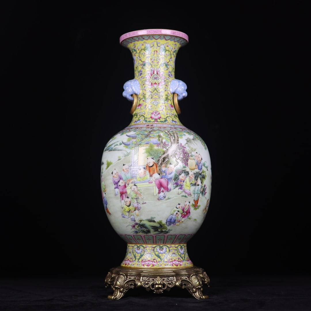A Huge Yellow Ground Famille-Rose Painted Gold Inlaid Bronze Character and Story Pattern Beast-Ears: A Huge Yellow Ground Famille-Rose Painted Gold Inlaid Bronze Character and Story Pattern Beast-Ears Vase,Qing Dynasty,China,Qianlong Six-character Mark,Size:18.5inx7.1inx7.3in黄地粉&
