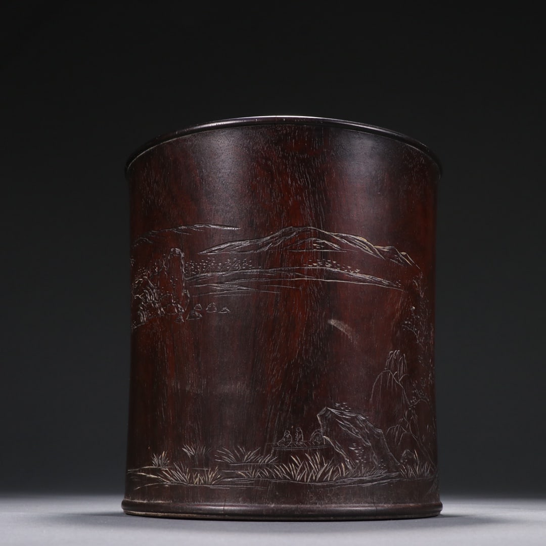 An Exquisite Zitanwood Landscape and Figure Pattern Brush Pot,With Poem: An Exquisite Zitanwood Landscape and Figure Pattern Brush Pot,With Poem,Qing