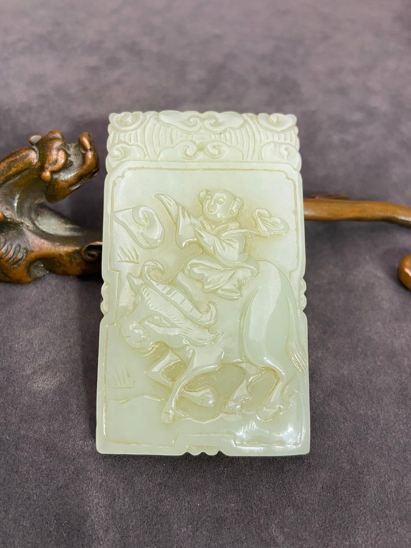 An Exquisite White Jade Figure Buffalo Pattern Pendant,With Poem: An Exquisite White Jade Figure Buffalo Pattern Pendant,With Poem,Qing