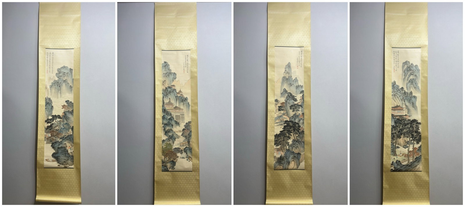 A Set of Chinese Vertical Scroll Ink Painting of Landscape and Figure on Paper,Fu Ru: A Set of Chinese Vertical Scroll Ink Painting of Landscape and Figure on Paper,Fu