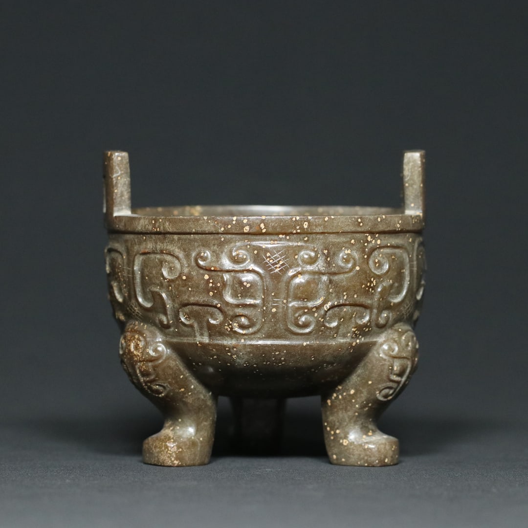 An Exquisite White Jade Beast-Face Pattern Double-Ears Tripod Censer: An Exquisite White Jade Beast-Face Pattern Double-Ears Tripod Censer,Han