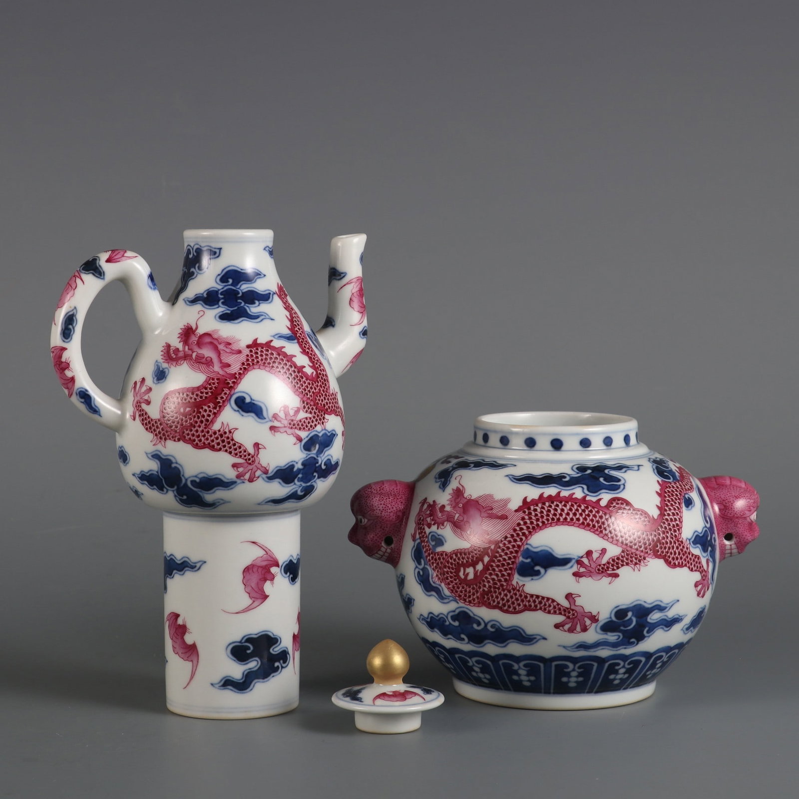 An Exquisite Blue and White Ruby Red-Glazed Dragon Pattern Ewer - 6