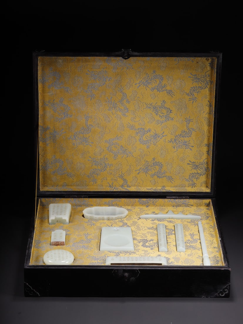 A Set of Fine White Jade Poem Ornaments: A Set of Fine White Jade Poem Ornaments,Qing Dynasty,China,Qianlong Four-character Mark,Size:(Inkstone)4.1inx2.8inx0.5in,(Brush Pot)2inx1.6inx2.8in,(Brush Washer)3.9inx1.8inx0.9in,(Seal)2.4inx1.2inx0.