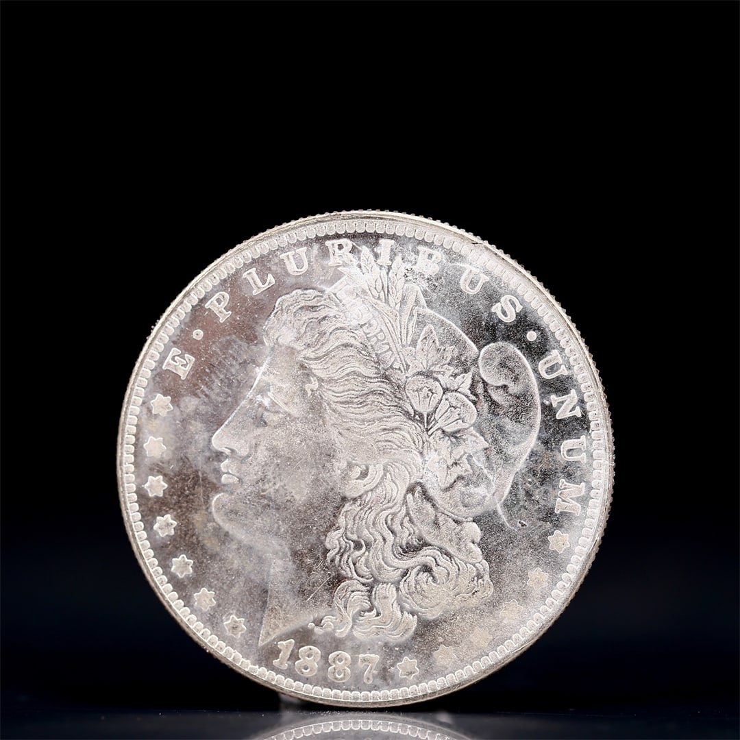 USA Morgan Dollar 1887 Coin: Obv: profile bust with date below and E PLURIBUS UNUM legend and stars around. Rev: eagle with In God we trust above within wreath with UNITED STATES OF AMERICA ONE DOLLAR legend. IN GOD WE TRUST /