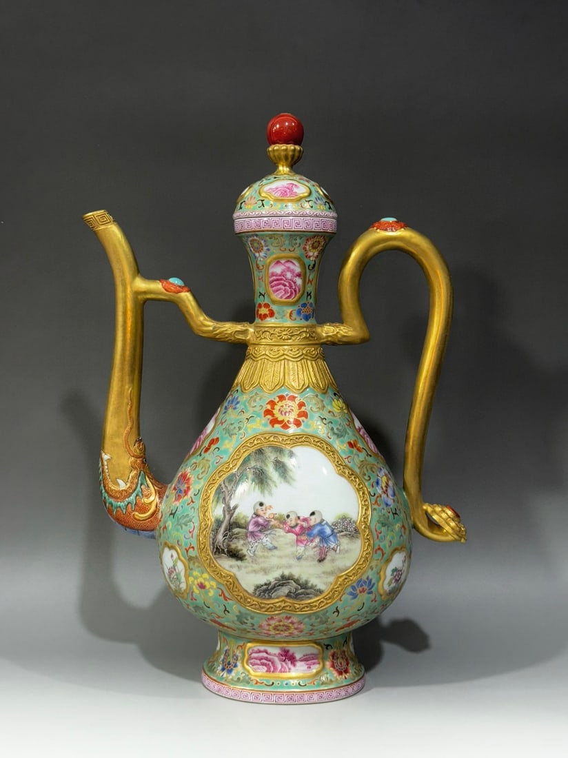 A Rare Turquoise Ground Famille-Rose Painted Gold Landscape and Figure Pattern Ewer,Inlaid Gems: A Rare Turquoise Ground Famille-Rose Painted Gold Landscape and Figure Pattern Ewer,Inlaid Gems,Qing Dynasty,China,Qianlong Six-character Mark,Size:15.6inx10.8inx7.1in松石绿地&