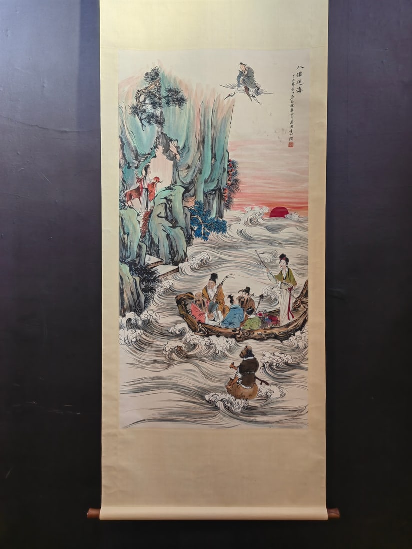 A Chinese Vertical Scroll Ink Painting of Landscape and Figure on Paper,Xu Chao: A Chinese Vertical Scroll Ink Painting of Landscape and Figure on Paper,Xu ChaoSize:26.9inx53.9in一幅中国水墨山水人物画立轴