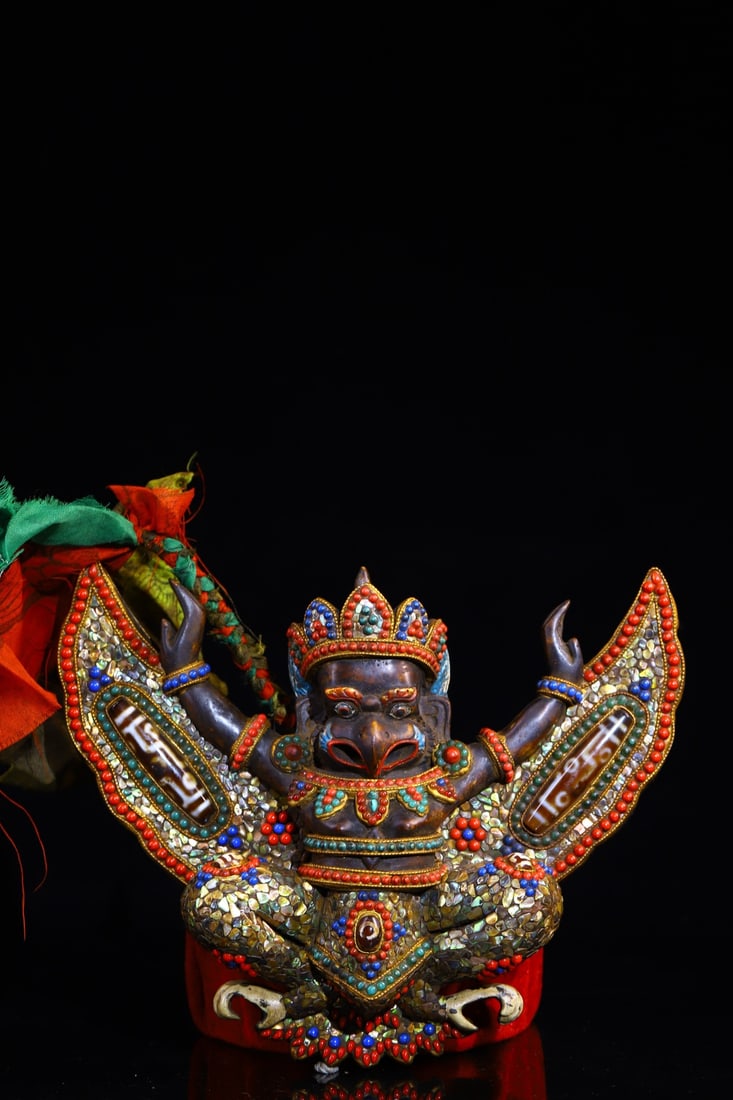 A Solemn Bone Inlaid Gems with Dzi Bead Statue of Garu?a (1 of 9)
